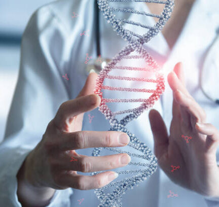 Doctor shows DNA molecules in his hand against a blurred laboratory background.